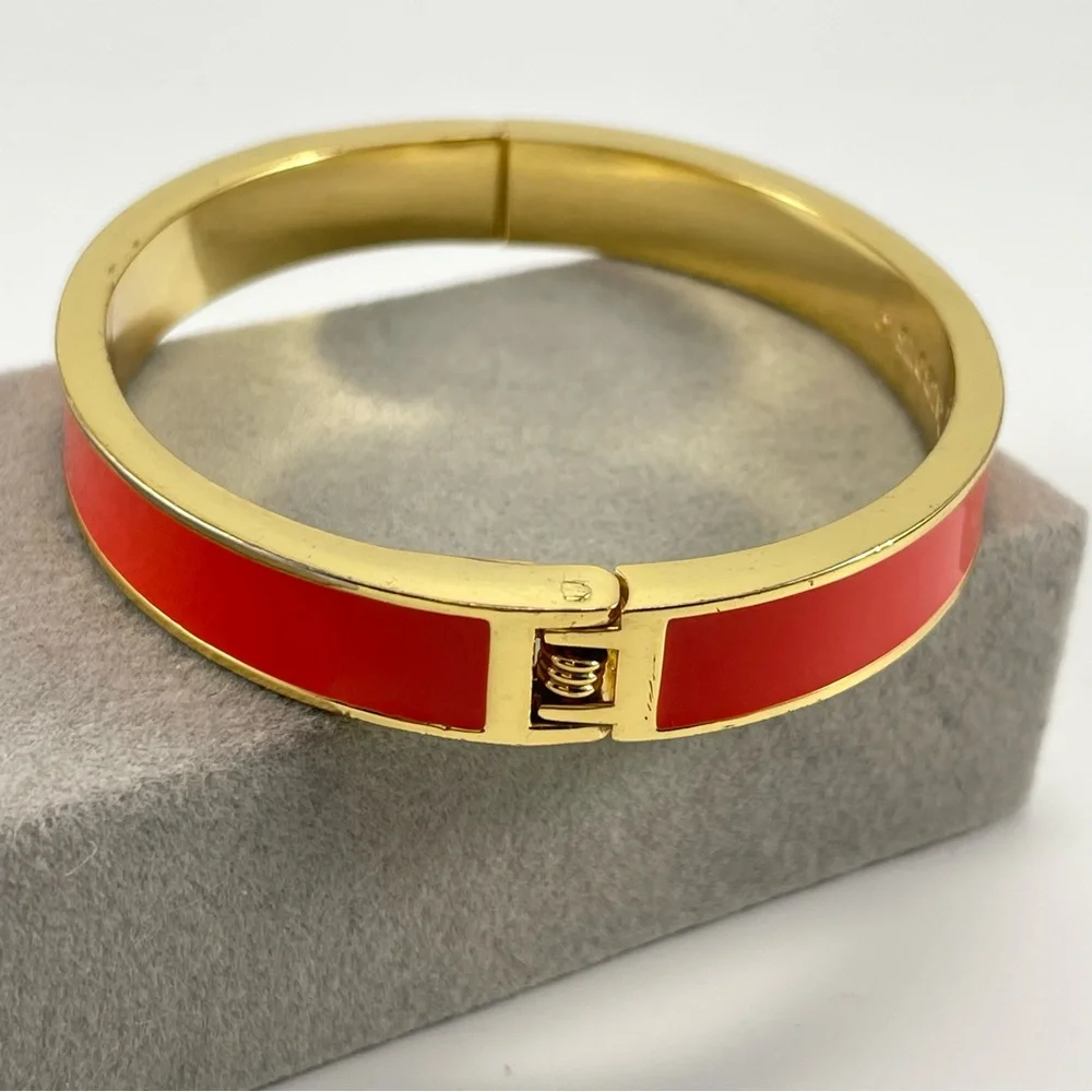 Talbots Gold Tone Orange Enamel Hinged Clamp Bangle Bracelet Trendy Beautiful